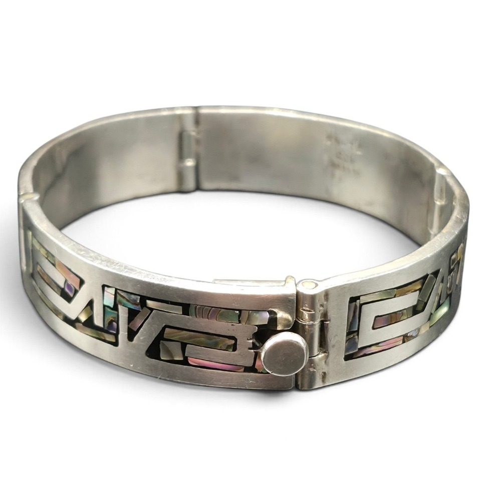 Taxco Mexico 925 Sterling Silver Abalone Geometric Hinged Bangle Bracelet Vintag